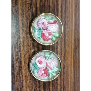 Floral Embroidered Unique Retro Pink Red Green Clip On Round Earrings Beautiful